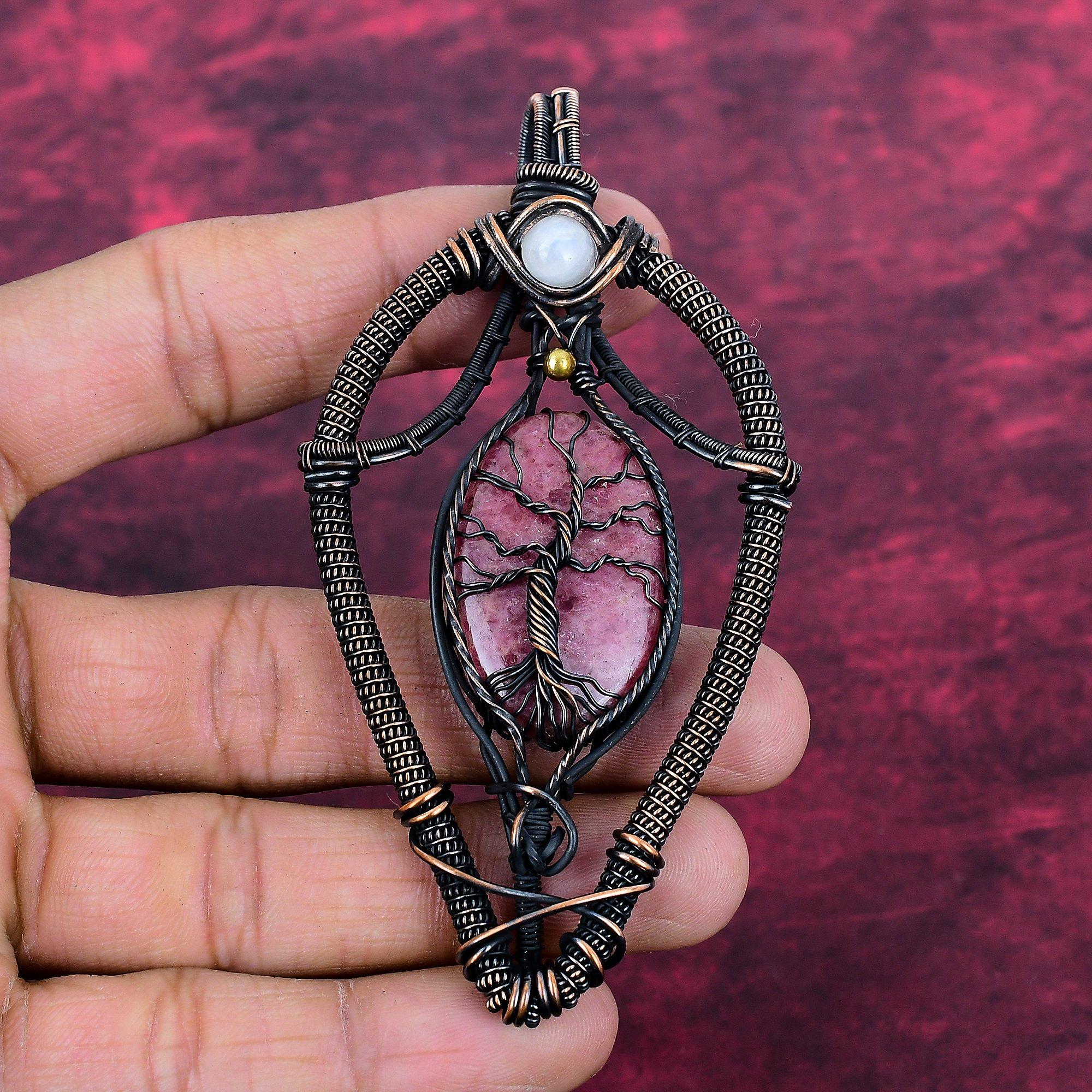 Tree Of Life Rhodonite Gemstone Pendant Copper Wire Wrapped Jewelry Rainbow Moonstone Pendant