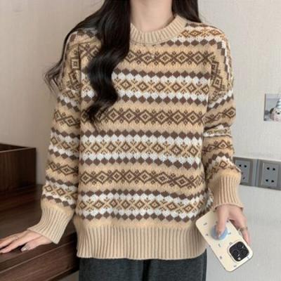 Navava Diamond Argyle Round Neck Long Sleeve Knit Sweater Nk2588