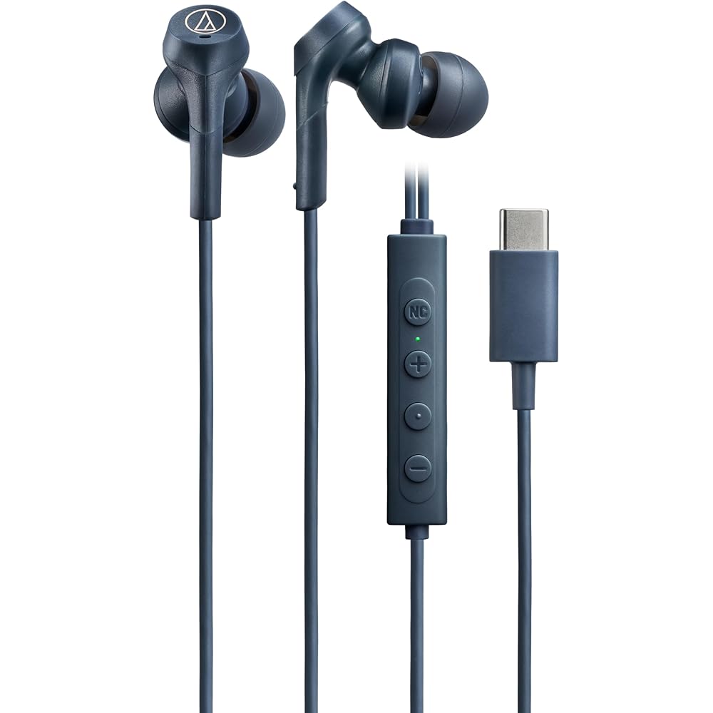 Audio-Technica ATH-CKS330NC BL Wired Earphones, Type-C, Noise Cancelling, 1.2m U-shaped Cord, [No Latency, Microphone, Remote Control, Deep Bass, Clos