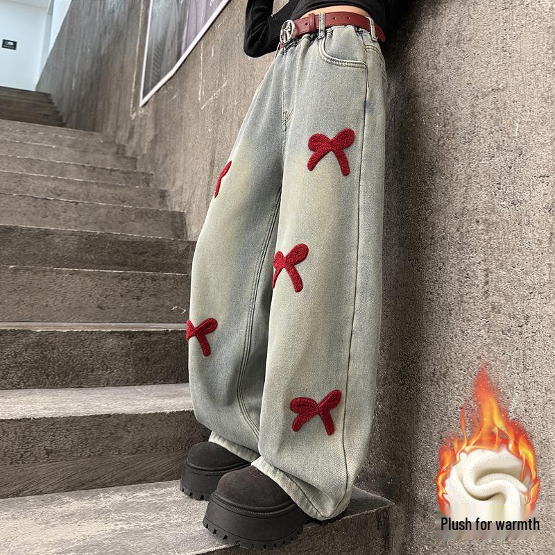 Girls' Chenille Bow Embroidered Fleece-lined Wide-leg Jeans - Stylish Autumn/Winter Slimming Pants