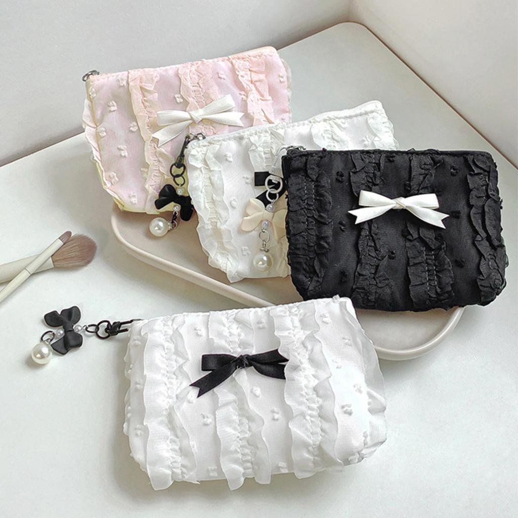 Cute Lace Bow Coin Purse Portable Cosmetic Storage Bag Key Makeup Lipstick Pouch Headphone Organizer Clutch Zipper Bags Women Wallets