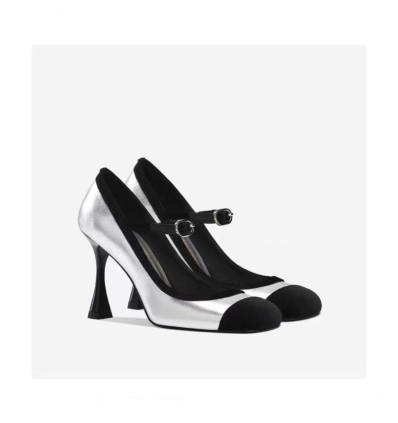 Mary Jane female 2025 spring and autumn new square head word with splicing thin heel small fragrant wind shallow mouth high heels single shoes