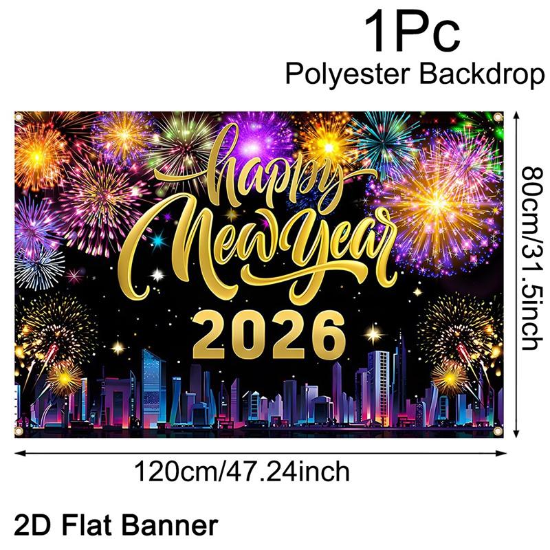 2026 Happy New Year Backdrop Banner Fireworks Black Gold New Year Celebrations Christmas Party Photo Background Decoration Gifts