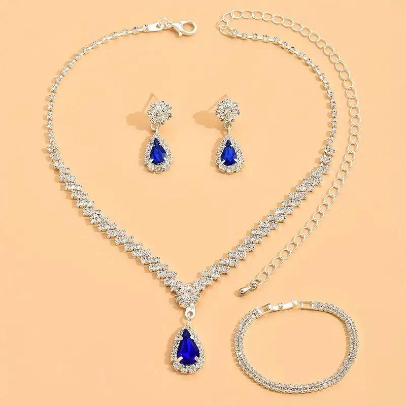 3pcs Set Red Water Dop Stone Necklace Earrings Bracelet Full Crystal Stone Necklace Blue Green Red Color Pendant Woment Zircon