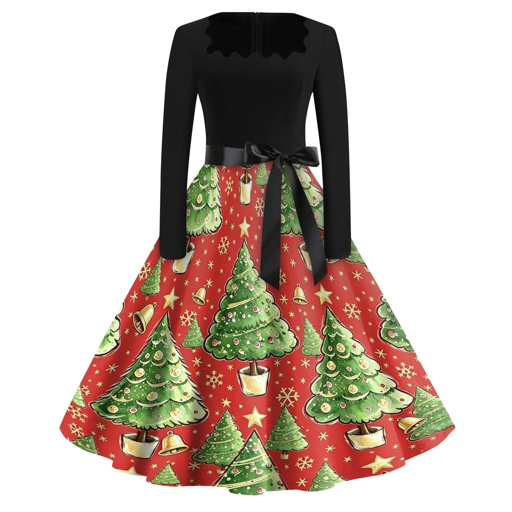 Women's Casual Christmas Print Square Neck Vintage Dress for Holiday Party