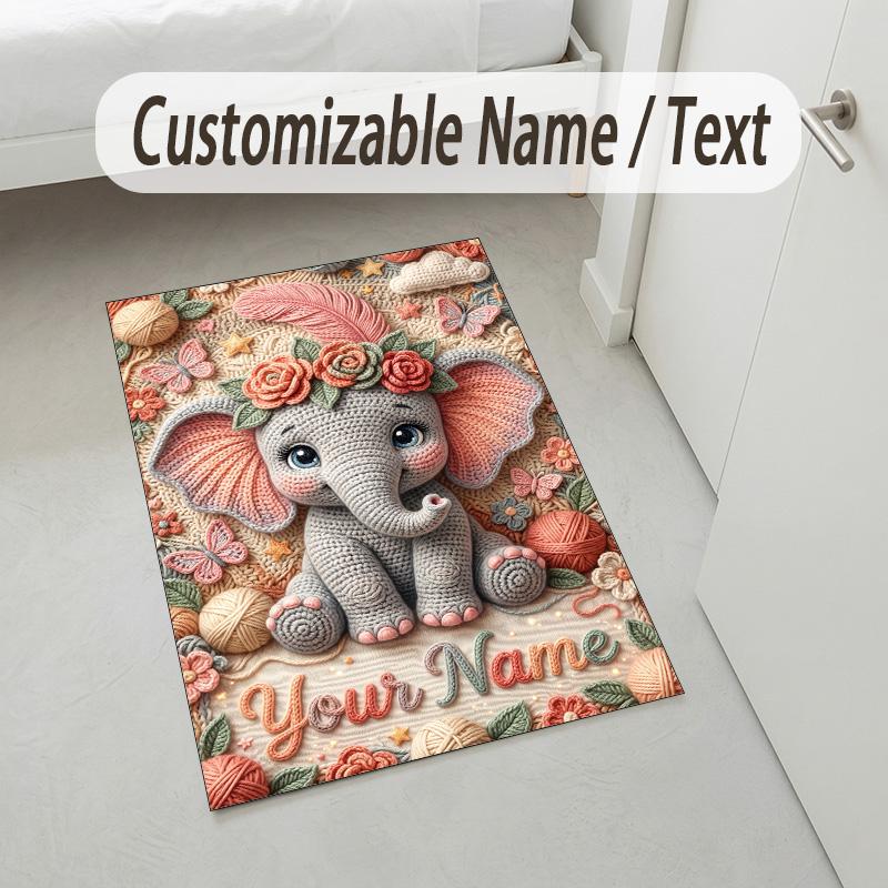 Elephant Theme Crystal Velvet Rug Personalized Custom Name Text Soft Floor Mat Home Decor