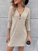 Spring/Autumn Women's Half Zipper Dress Solid Ribbed V-Neck Long Sleeve Elastic T-Shirt Dress