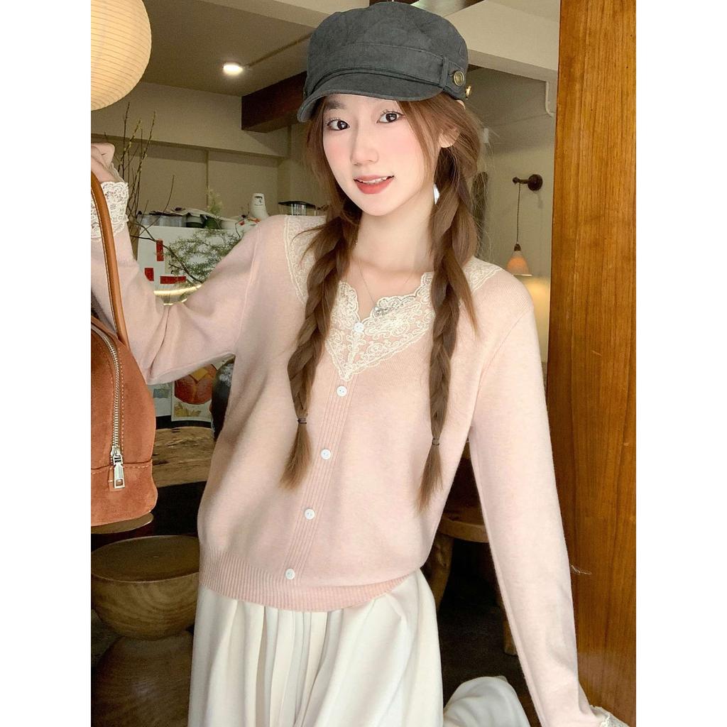 Pure and chic collar soft waxy bottoming top women's autumn and winter lace splicing sweater with knitted sweater inside