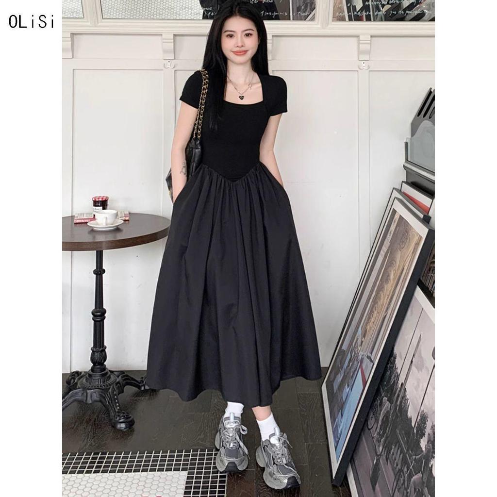 Hepburn Style Square Neck Black Slimming Spliced Dress