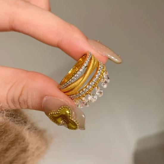 Anello Aperto Regolabile, Anello a Tre Fasce con Design a Goccia d'Acqua Avvolta, Anello Cocktail Scintillante con Zirconia Cubica per Regalo Gioiello