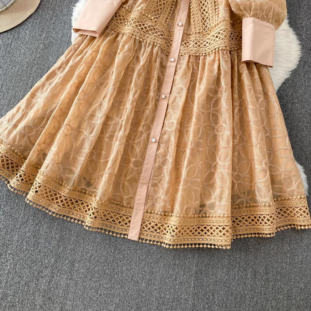 Autumn Elegant Lantern Sleeve Mesh Lace Patchwork Midi Dress for Women Vintage Flower Embroidery Single-breasted Party Dresses with Belt