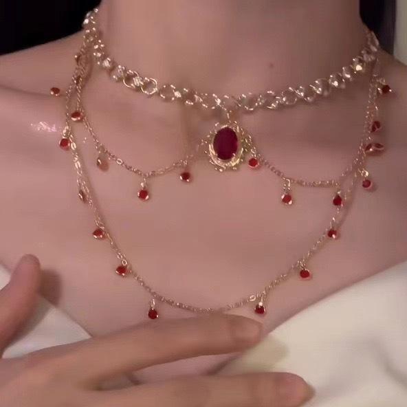 

Французское роскошное двухслойное ожерелье с винно-красным цирконом, женское