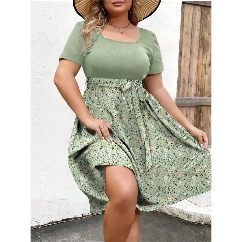 Damen Modisches Und Trendiges Rundhals Kurzarm Kleid Mit Taillenprint In Übergröße