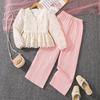 Autumn Sweet V-neck Lace Crochet Long Sleeve Top and Pants Girls Suit