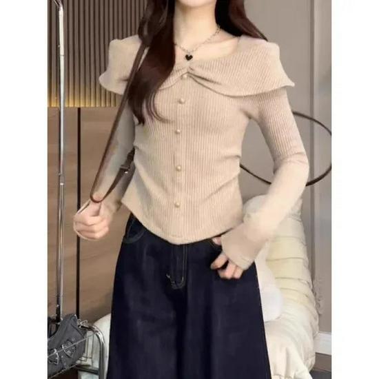 Elegant French One-Shoulder Knit Top with Long Ruffled Sleeves S абрикосовый