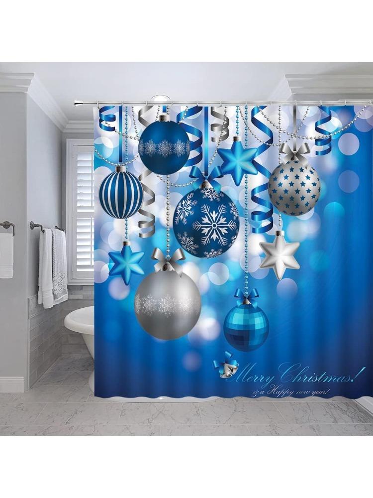 

Christmas Shower Curtain With Blue And Silver Gray Xmas Balls Starswinter Holiday Happy New Year Dream Polyester Fabric Bathroom W60H190(CM)-1 Pcs