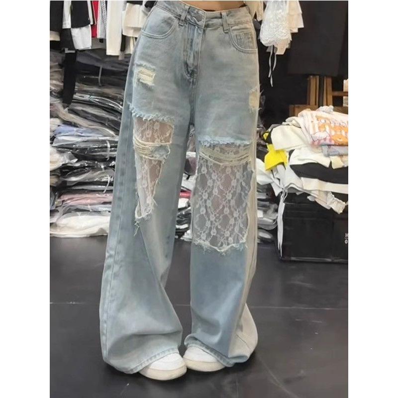 Women s Retro Ripped Lace Patchwork Wide-Leg Jeans - Casual Spring Style Medium