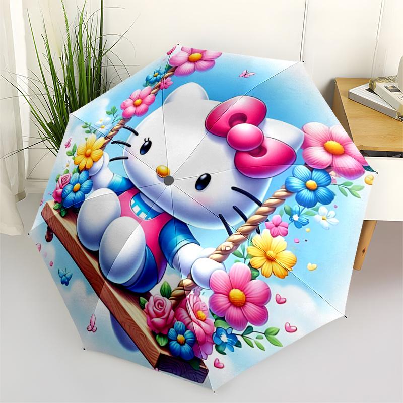 1pc Hello Kitty Floral Swing Design Automatic Opening/Closing Umbrella - Portable Folding Design with 8-Rib Iron Frame, Perfect for Outdoor Use, Festi