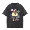 Asiatische Größe Vintage Gewaschenes T-Shirt Niedliches Japanisches Pudding Dessert Grafikdruck Übergroß Locker Kawaii Streetwear Kurzarm-T-Shirt
