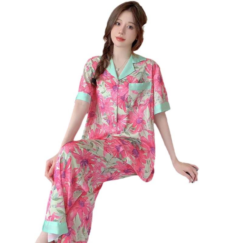 Miss Dong 1011 new pajamas women's summer ice silk lapel three-piece set of high-end Internet celebrity loungewear