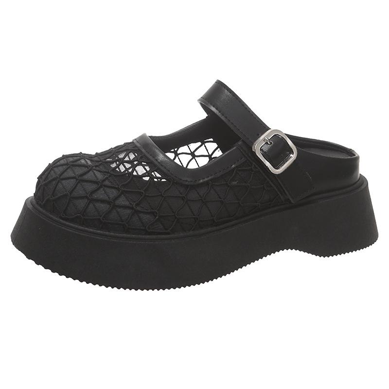 2025 New Mesh Hollow Big Head Metal Buckle Thick Bottom Muffin Heightening Small Bag Head Half Slippers Women's Shoe Holder