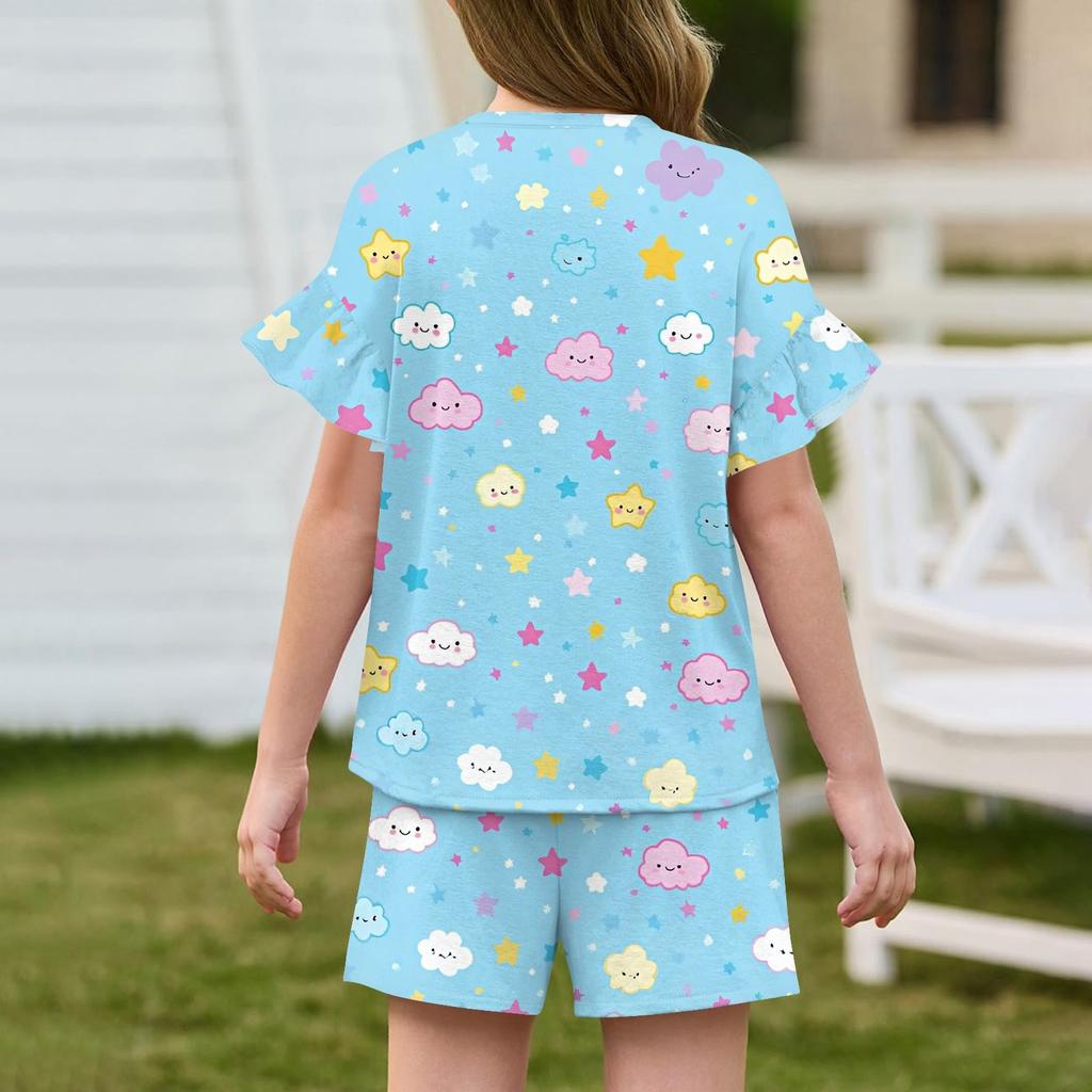 Girls' Summer Outfit Ruffle Sleeve Top And Shorts Clothing Set Lightweight Casual Two Piece