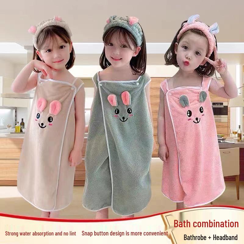 Children's Wearable Bath Towel & Headband Set - Soft, Absorbent, Lint-Free Bathrobe for Kids