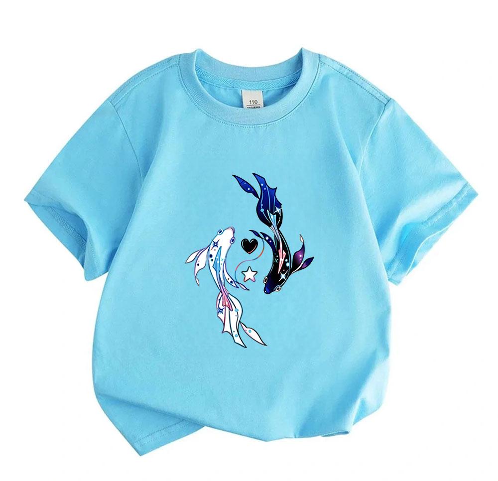 Kids Boys Girls 100% Cotton Crew Neck Short Sleeve T-Shirt, Aesthetic Cosmic Koi Fish Pisces Print Casual Soft Summer Tee for Children