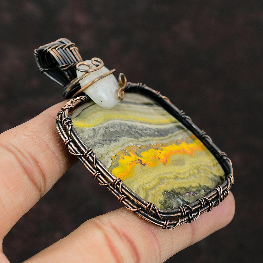 Bumble Bee Jasper Copper Wire Wrapped Pendant Rainbow Moonstone Pendant Gemstone Jewelry Handmade Pendant Copper Wire Jewelry Healing Stone