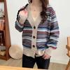 Women's Retro Striped Knit Cardigan for Fall/Winter: V-Neck, Button-Front, Casual, Loose-Fit Jacket