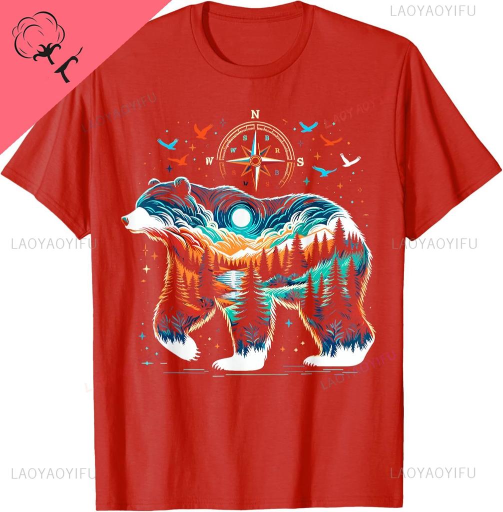 Retro Skogsbjörn Vilda Djur Natur Björn Camping T-shirt Unisex Sommar Streetwear Toppar Anpassningsbara Streetwear Kläder
