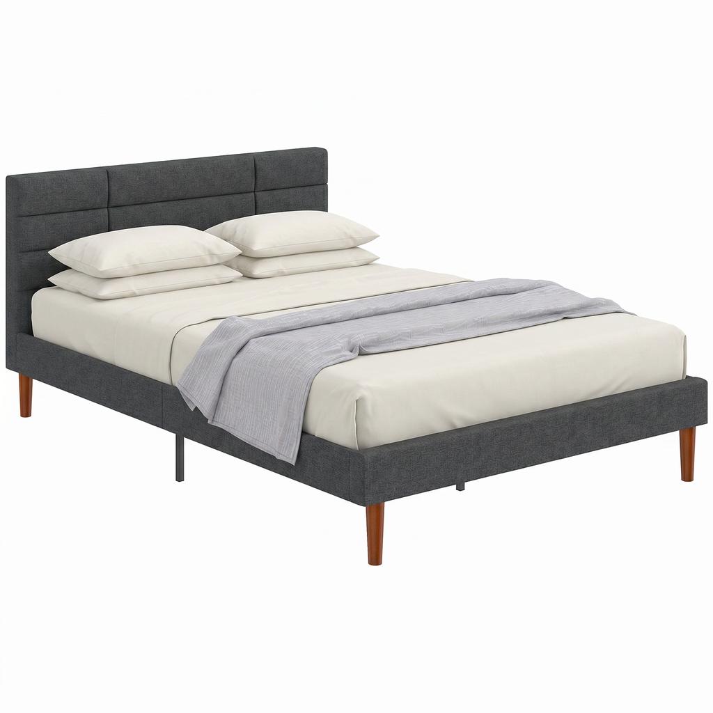 Bed Frame 140 X 200 Cm With Wooden Slatted Base Double Bed Upholstered In Linen Effect Storage Underneath Noise Free Gray