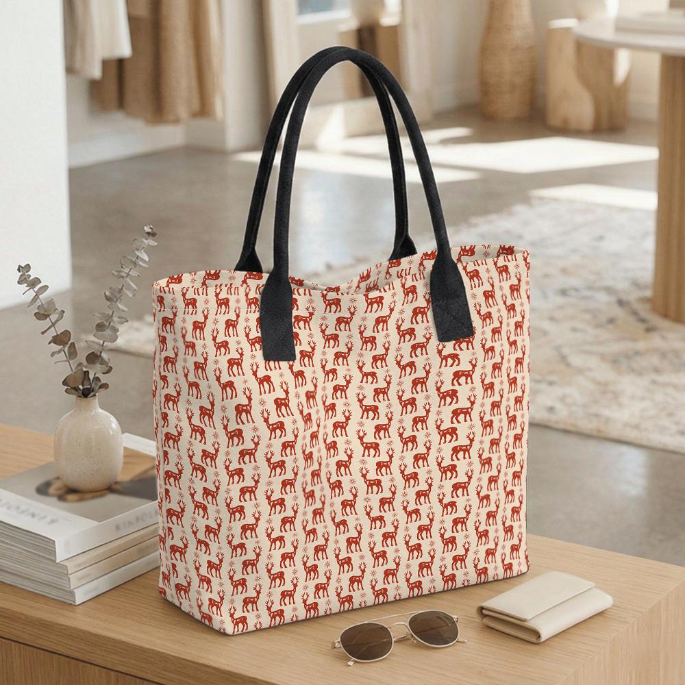 Reindeer Print Tote Bag Casual Large Capacity Shoulder Handbag for Daily Use