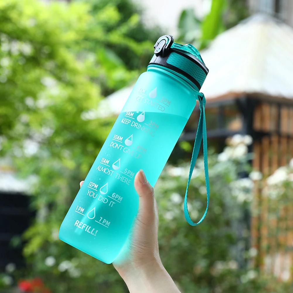 Taza esmerilada de plástico de 1000ml, botella de agua con pajita a prueba de fugas, taza portátil a de tiempo  para Fitness y