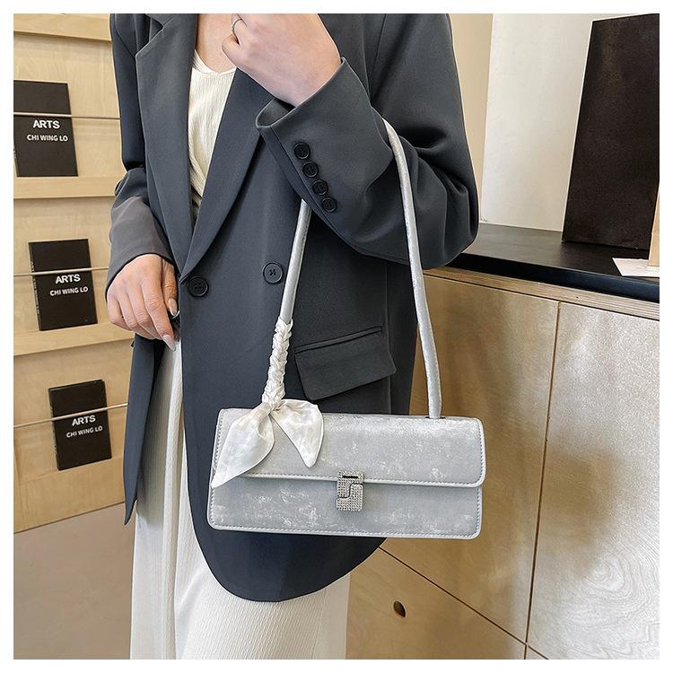 Fashionable Silk Scarf Faux Leather Shoulder Bag Trendy Baguette Square Purse for Women CLE