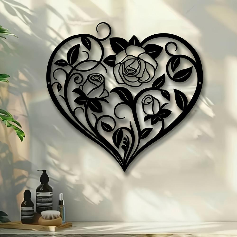 Iron Heart Wall Art, Black Metal Floral Design for Garden Balcony, Romantic Farmhouse Hanging Decor, Durable 2D Indoor Outdoor Ornament