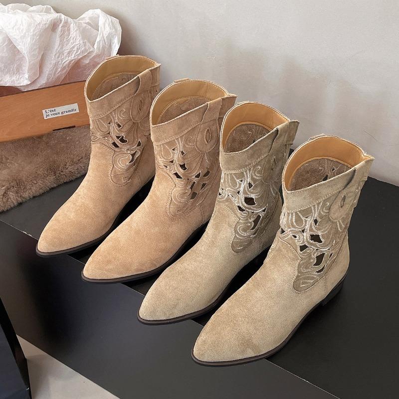 Cizme Noi de Lux pentru Femei, Stil Cowboy Western, Brodate, Decupate, cu Toc Gros, Cizme de Cavaler, Retro, Casual, Antice, Scurte