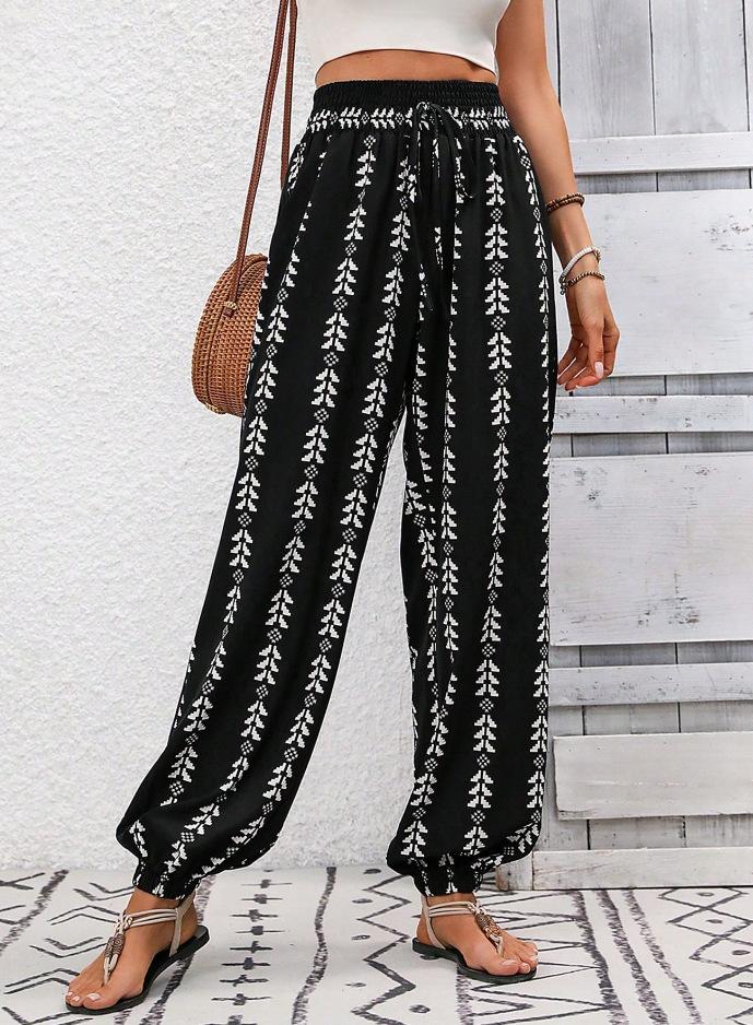 Women S Geometric Print New Casual Loose Fit Pants S чёрный