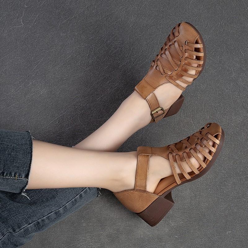 Johnature Sandales respirantes tricotées ajourées pour femmes, chaussures rétro en cuir véritable confortables à talons épais