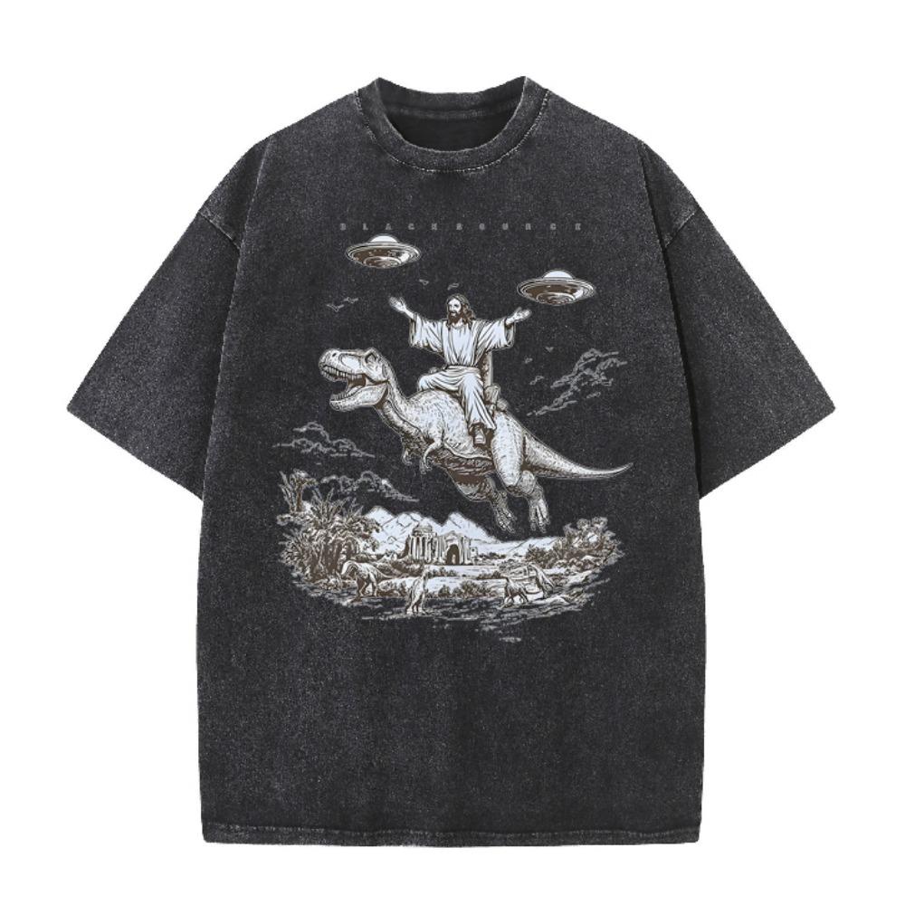 Vintage Washed Distressed T Shirt Cartoon Dinosaur Print Unisex Short Sleeve Tee Streetwear Student Vacation Tops
