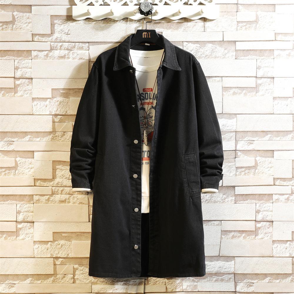 

Весенняя мужская джинсовая куртка, мужское свободное повседневное пальто средней длины из денима, мужской тренчкот с отложным воротником, корейская модная верхняя одежда XXXXXL чёрный