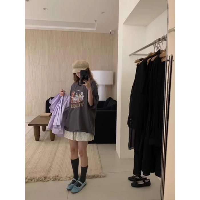 Koreansk Ärmlös Sommar Tecknad Hundtryck Kort Ärm Mellanlång T-shirt Dam Bomull 00% Bekväm Vardagstopp