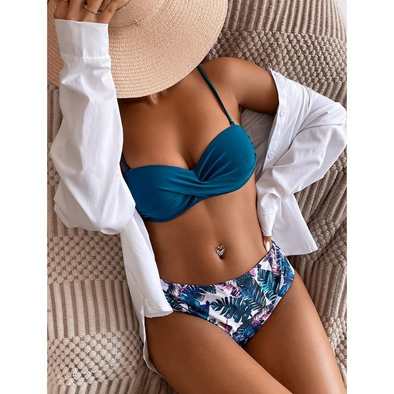 Ladies' Swimsuit Gathering Split Swimsuit Peacock Blue Two-piece Set