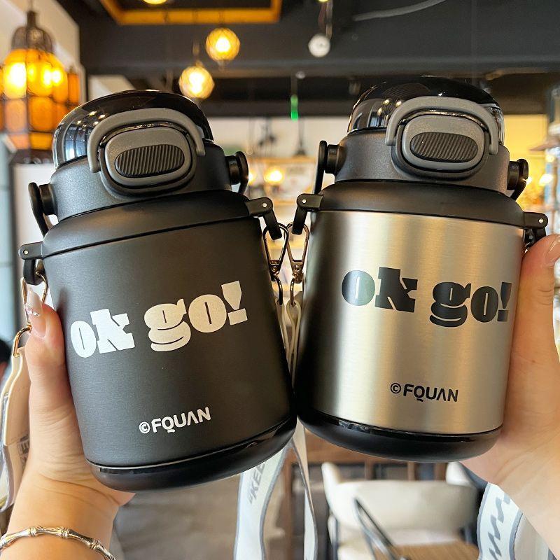 

Large Capacity Vacuum Cup Double Drink Girl Good-looking Student New Crossbody Portable 316 Straw Stainless Steel 2 L Silver+800Ml*[Strap Style]