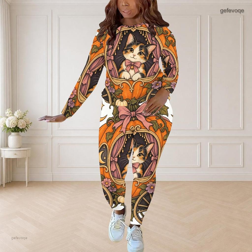 Women Plus Size Halloween Printed Two Piece Outfit Round Neck Long Sleeve Top Fitted Pants Set