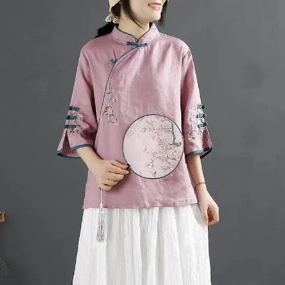 Camisa de Algodón y Lino Estilo Retro para Mujer Primavera Verano Estilo Chino Cuello Alto Botón Superior con Tapeta Diagonal Bordado