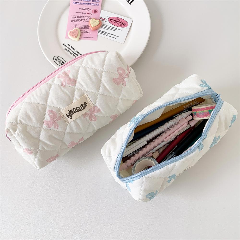 INS Style Korean Cream Bow Cosmetic Bag Sweet Style Student Large Capacity Makeup Tool Buggy Bag Portable Pencil Stationery Case