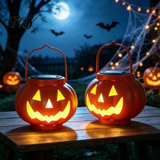 Automatic Dusk to Dawn Lights Solar Pumpkin Lanterns, Waterproof Outdoor Halloween Light, Spooky Autumn Holiday Party Ornaments Hanging Orange Lantern