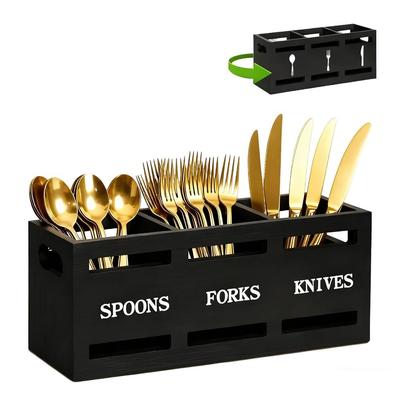 3 Compartments Cutlery Holder Wooden Storage Rack New Utensil Storage Box Table Countertop