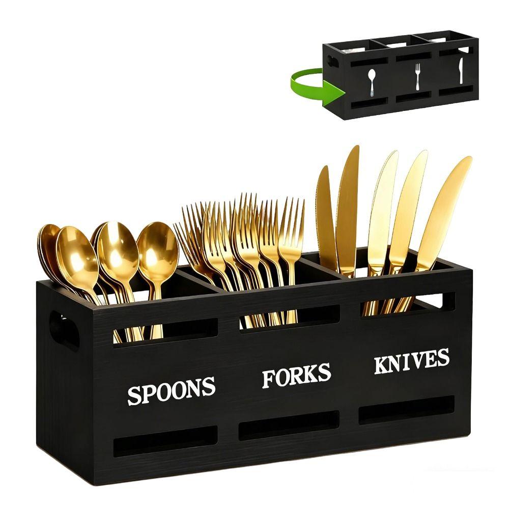 3 Compartments Cutlery Holder Wooden Storage Rack Portable Kitchen Utensil Holder  Table Countertop